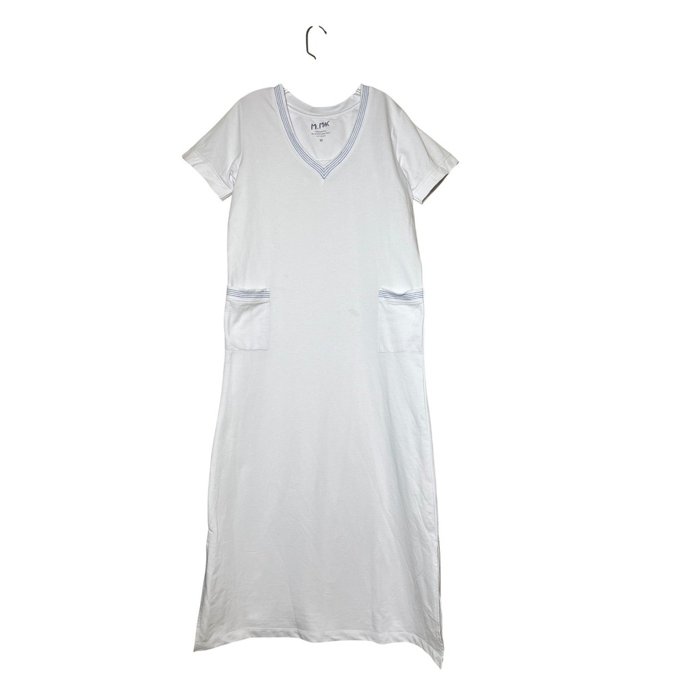 M. MAC The Vermont Country Store White Knit Maxi Dress Sz Medium V-neck Pockets
